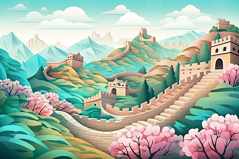 国潮长城工笔画艺术剪纸