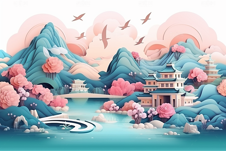 国潮长城精致中国风剪纸