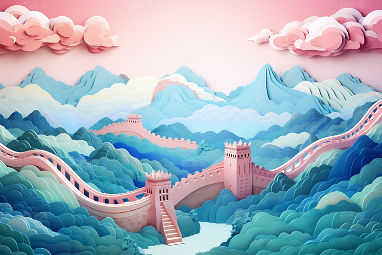 国潮长城立体山水剪纸