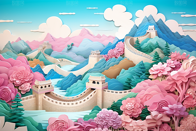国潮长城新中式山水剪纸