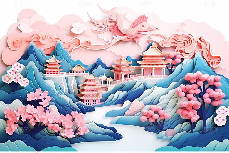 国潮长城风光山水剪纸