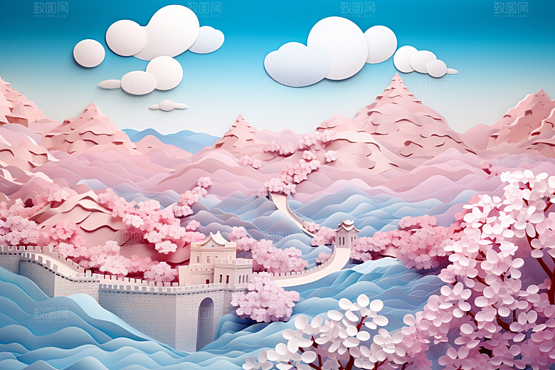国潮长城立体工笔画剪纸