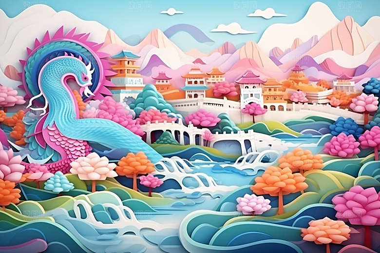 国潮长城新中式风光剪纸