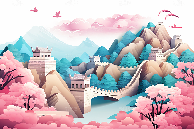 国潮长城山水风光剪纸