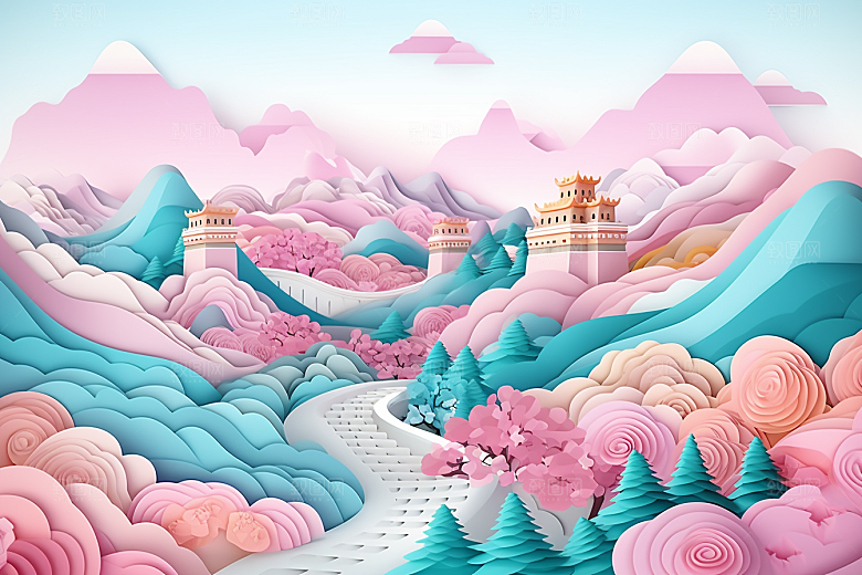 国潮长城层次艺术剪纸