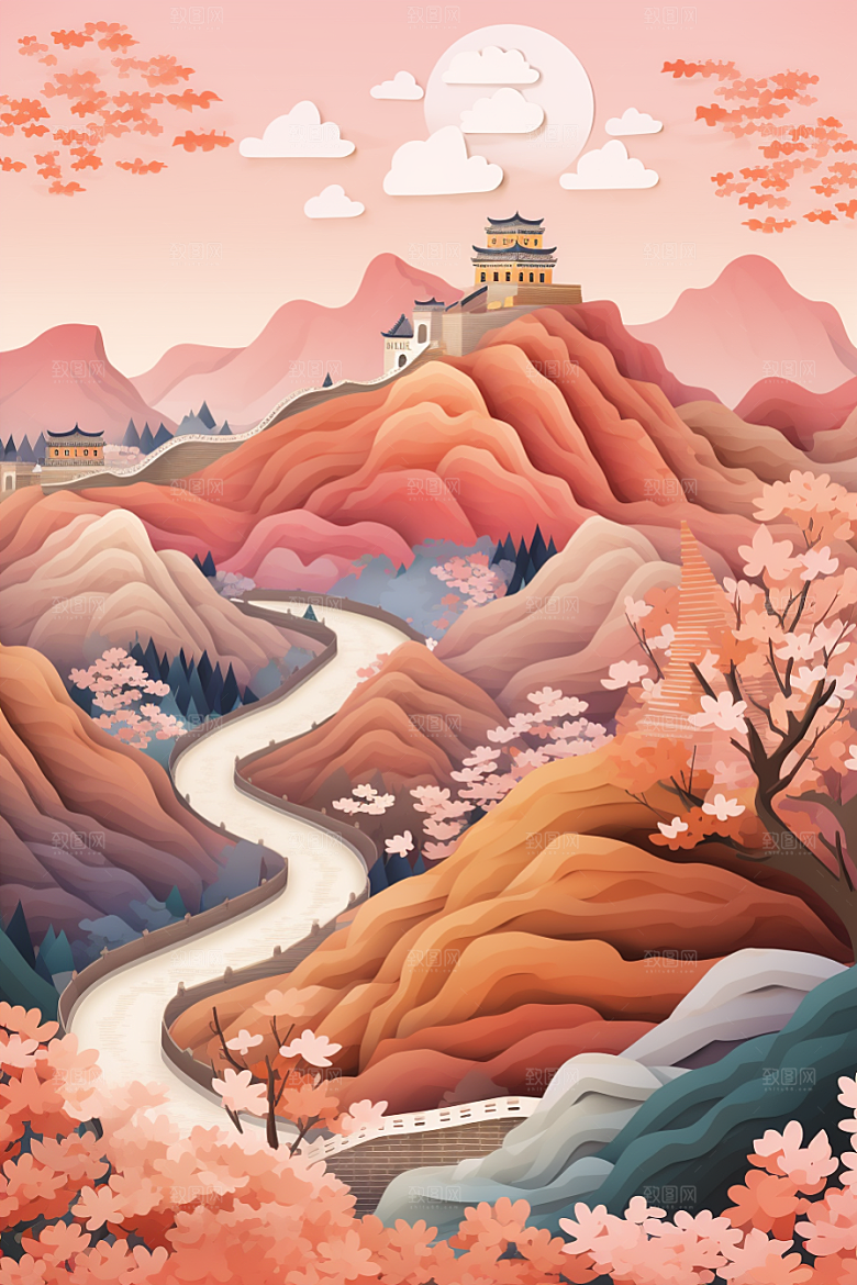 国潮长城层次立体剪纸