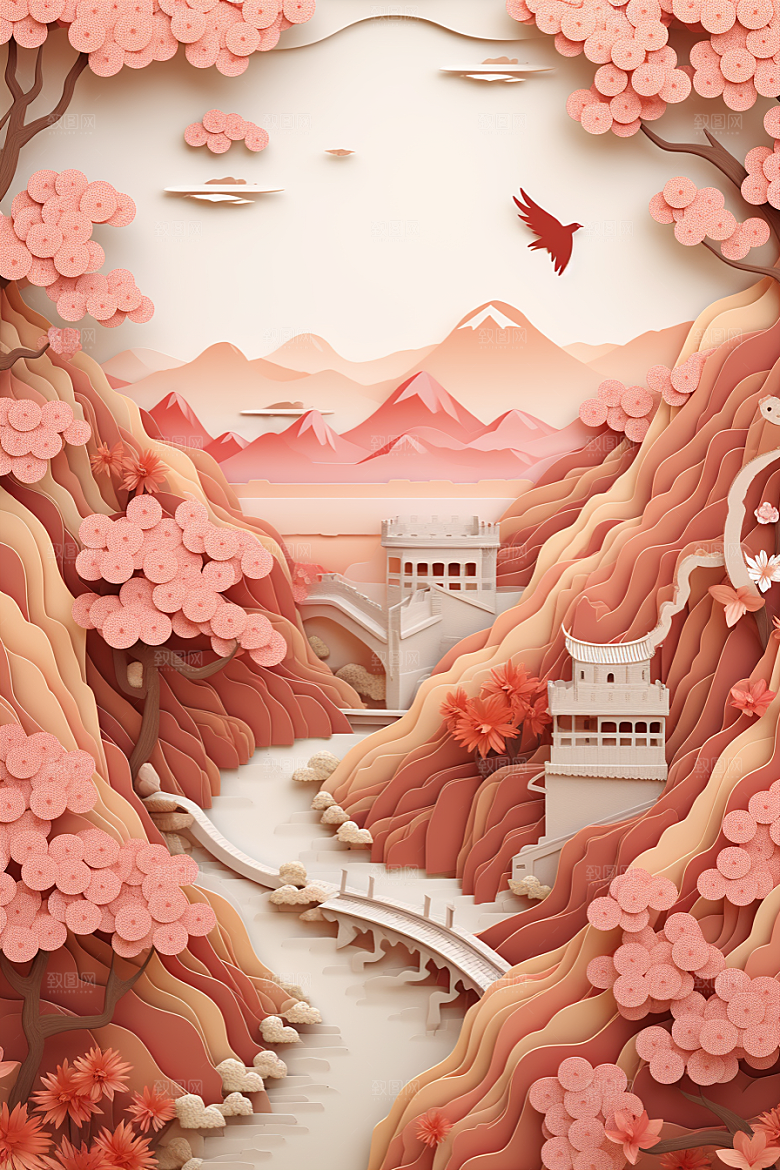 国潮长城工笔画立体剪纸