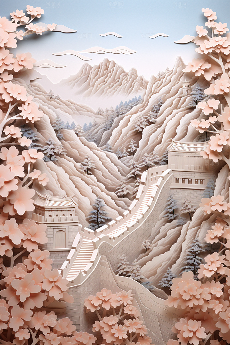 国潮长城层次艺术剪纸