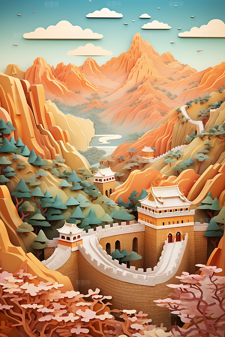 国潮长城工笔画山水剪纸