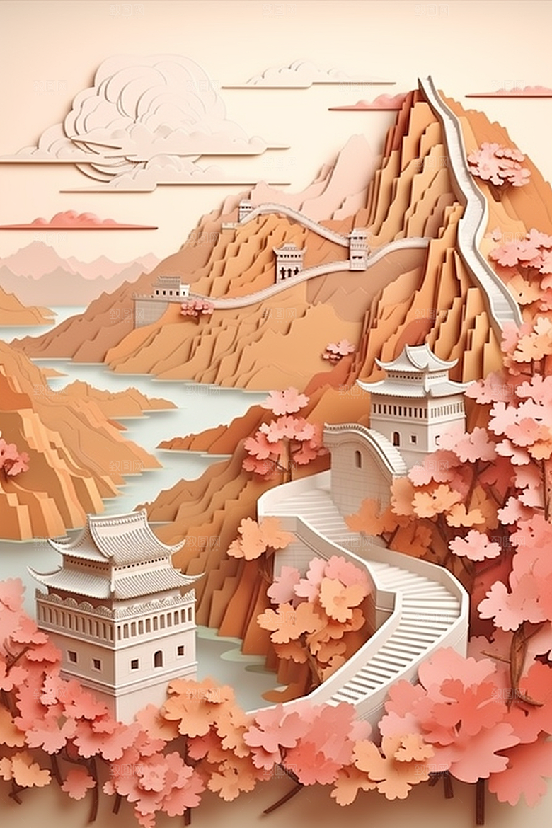 国潮长城艺术风光剪纸