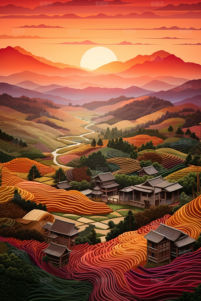 国潮长城风光工笔画剪纸