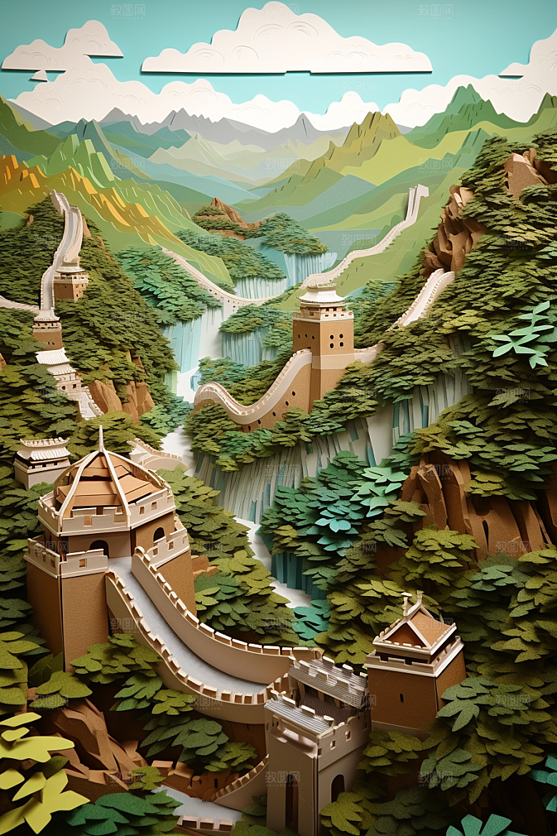 国潮长城新中式山水剪纸