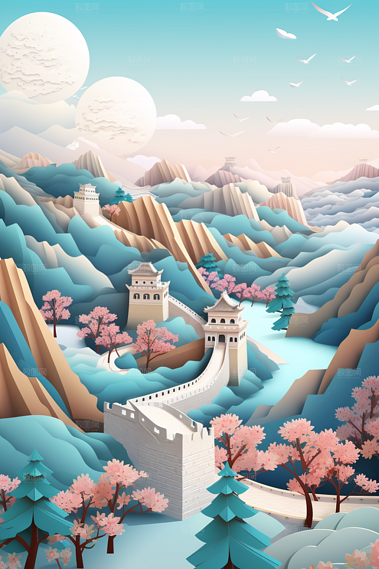 国潮长城中国风山水剪纸