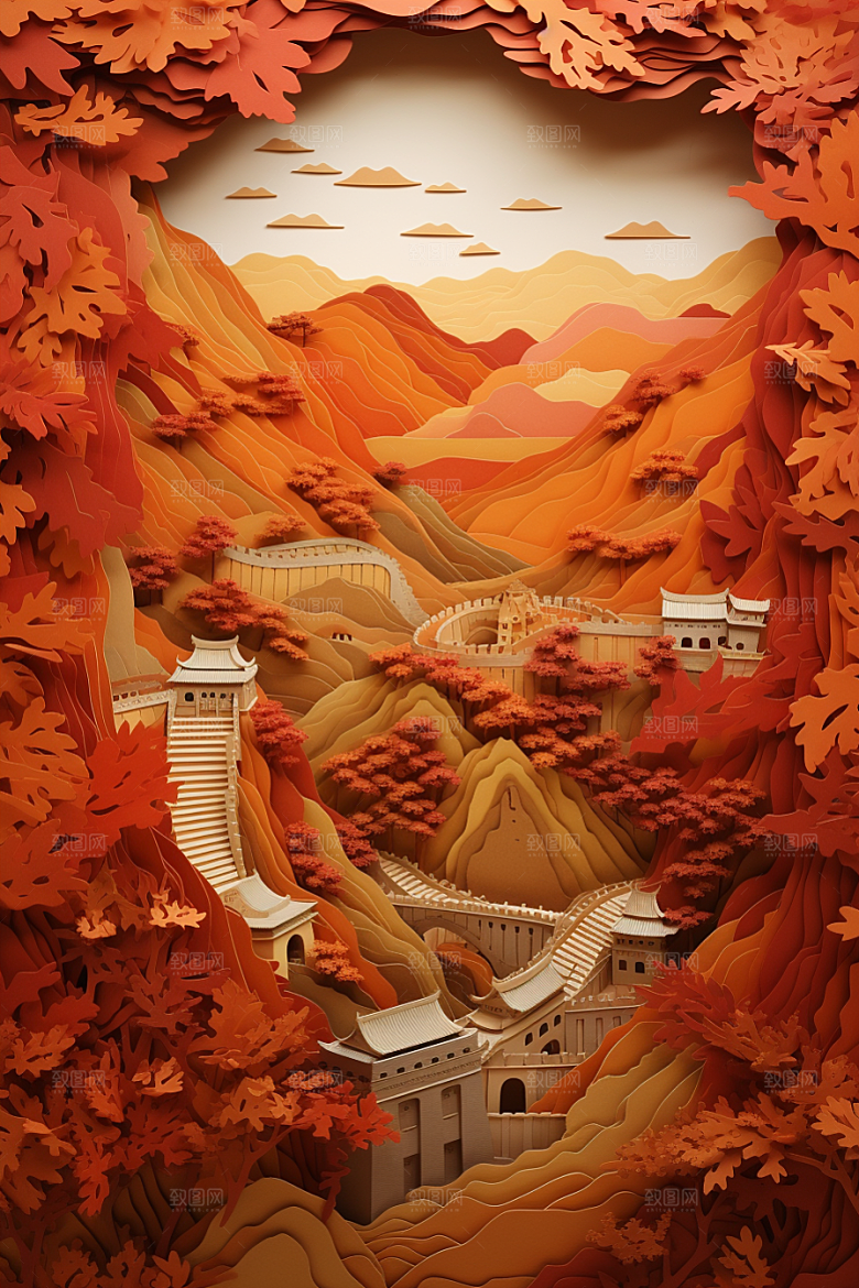 国潮长城工笔画艺术剪纸