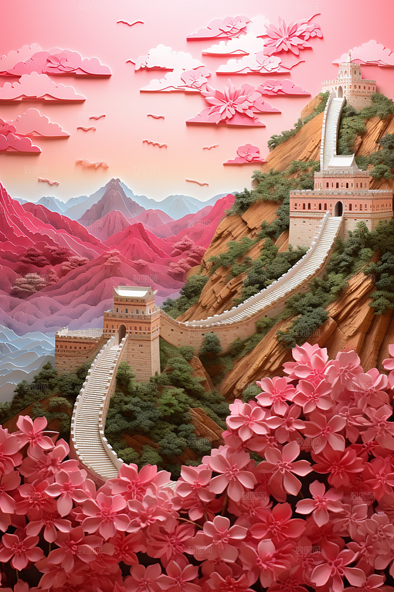 国潮长城山水立体剪纸