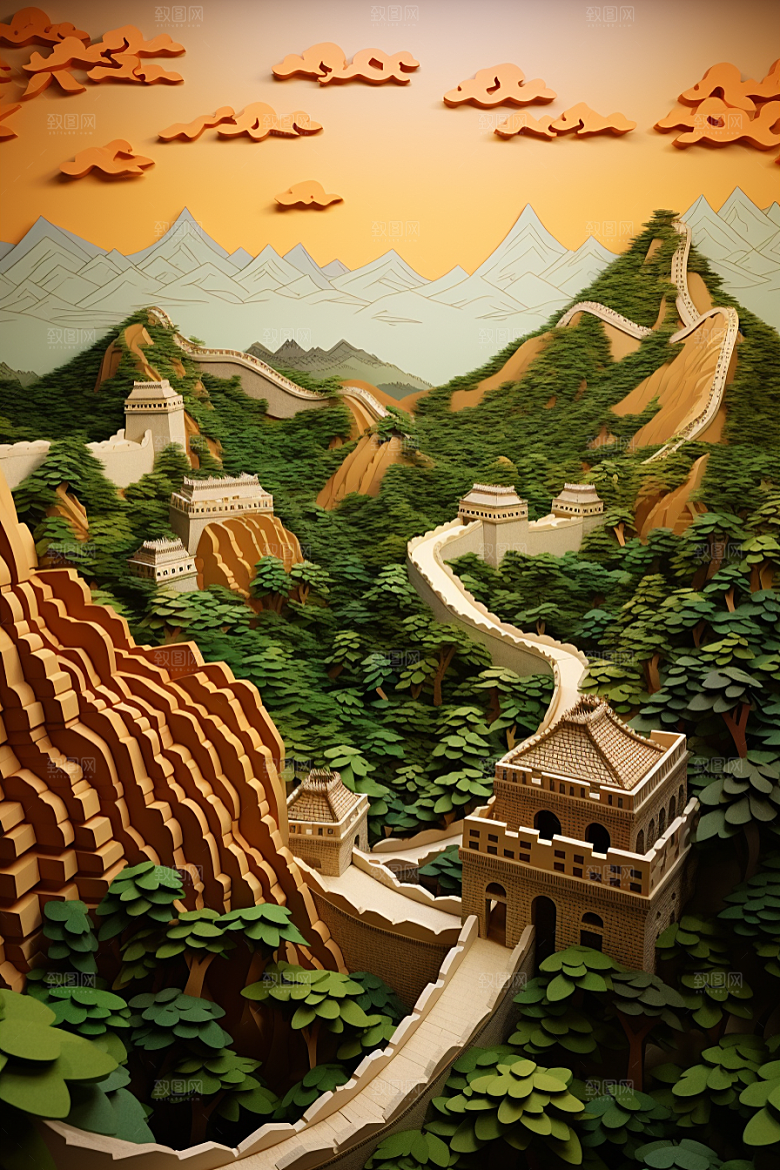 国潮长城工笔画艺术剪纸