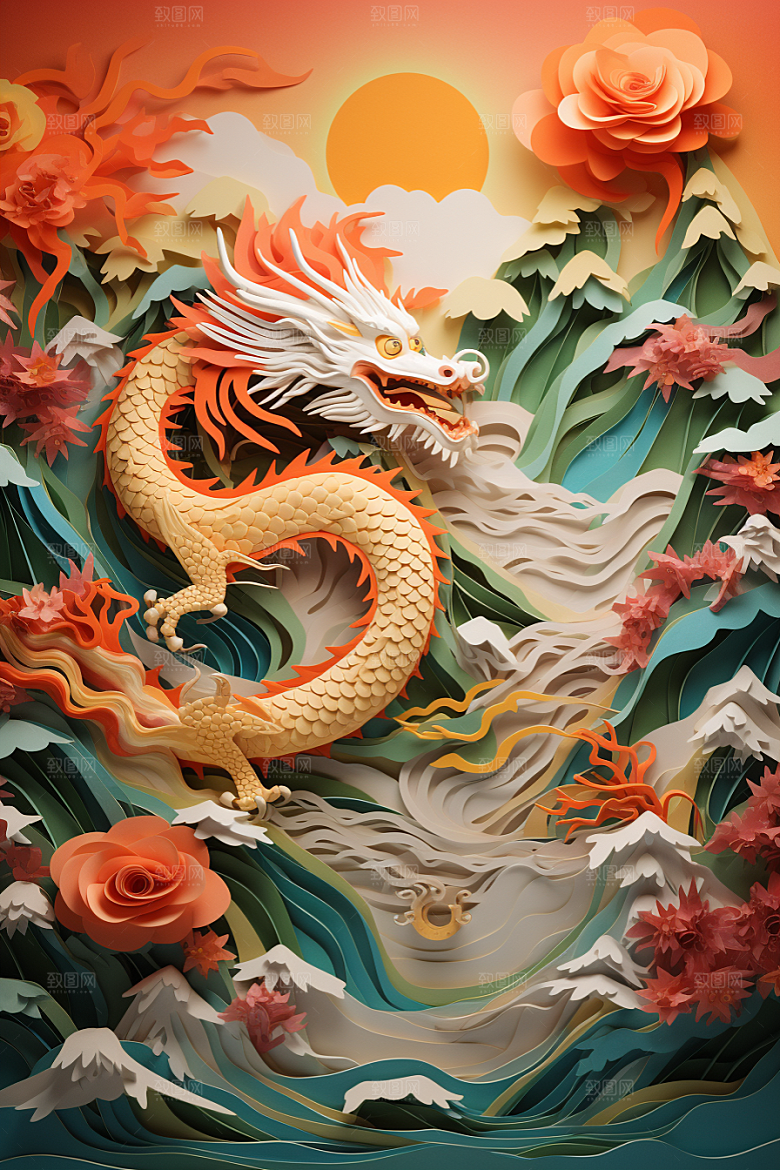 国潮长城精致山水剪纸