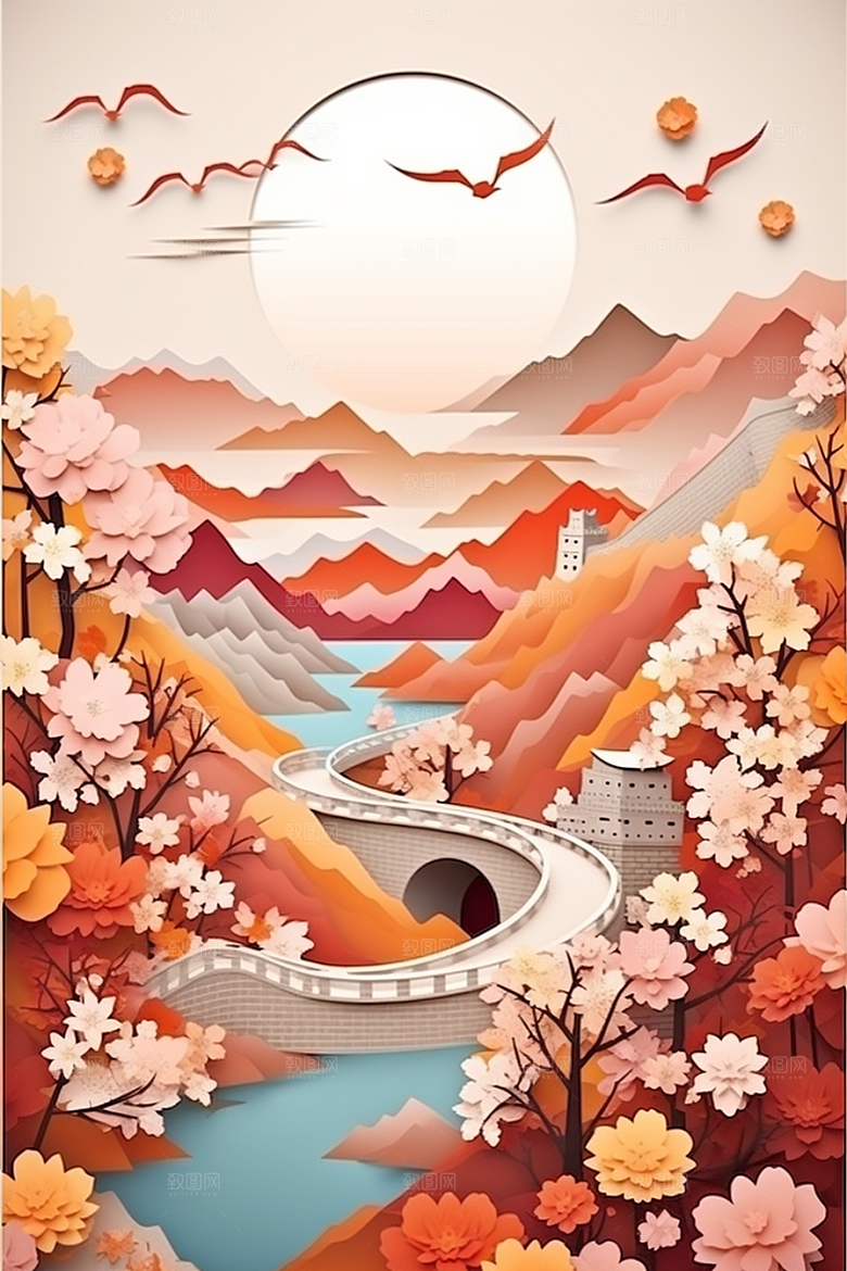 国潮长城工笔画山水剪纸
