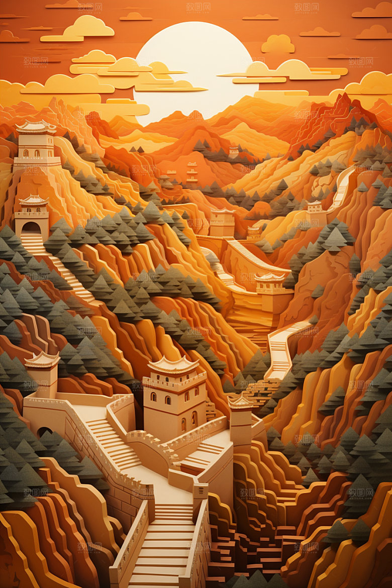 国潮长城工笔画层次剪纸