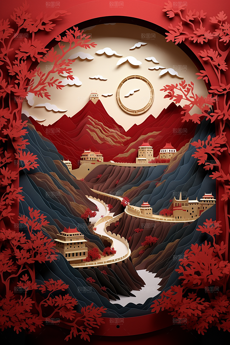 国潮长城中国风精致剪纸