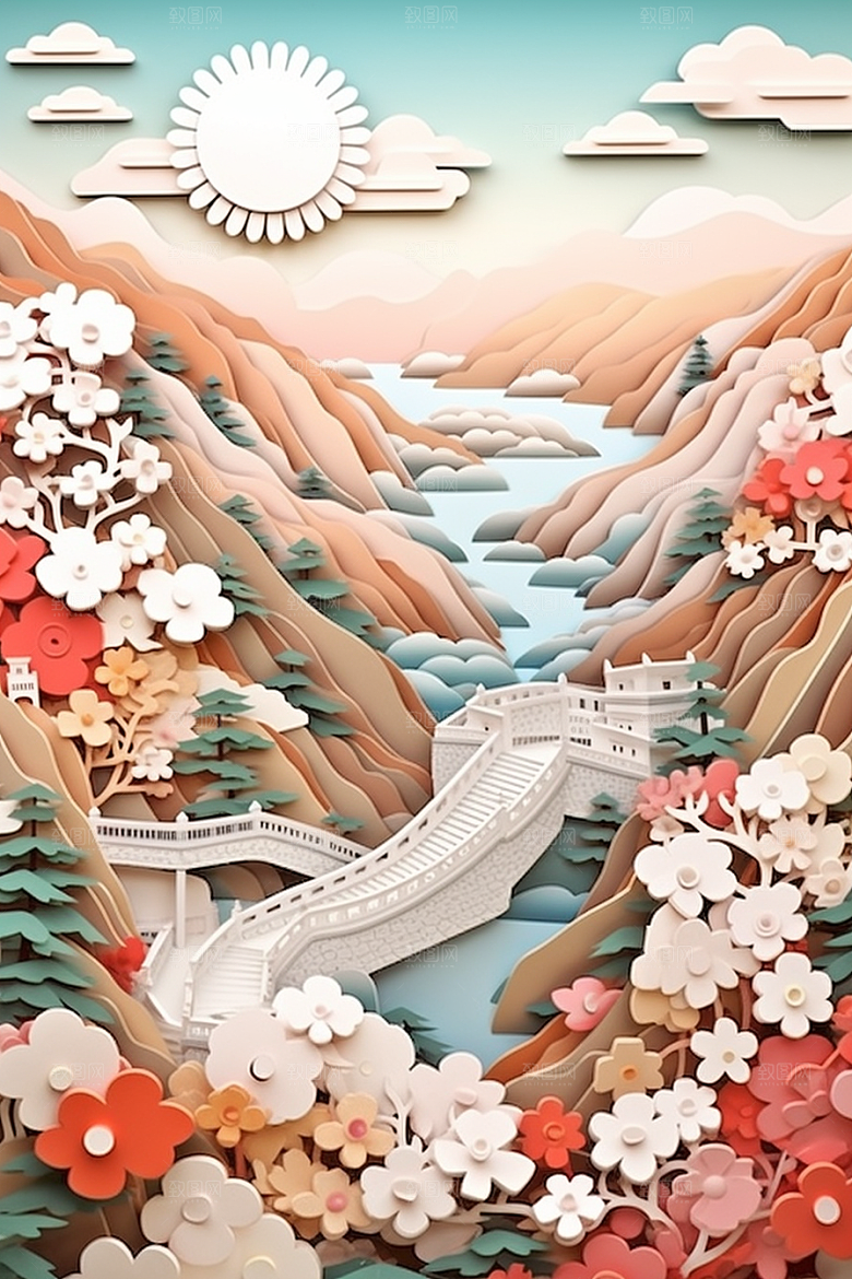 国潮长城山水艺术剪纸