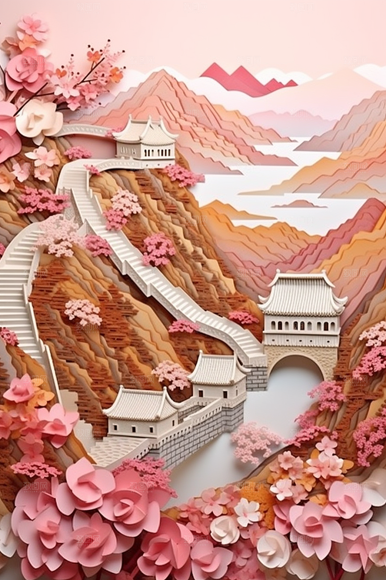 国潮长城精致山水剪纸