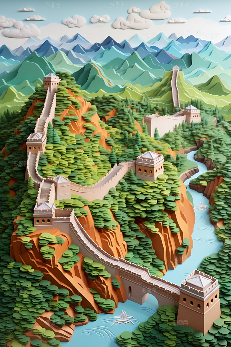 国潮长城精致立体剪纸