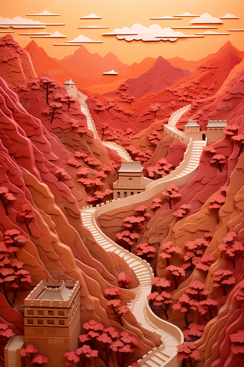 国潮长城山水层次剪纸