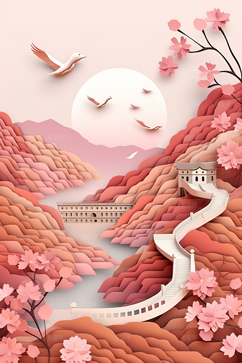 国潮长城层次精致剪纸