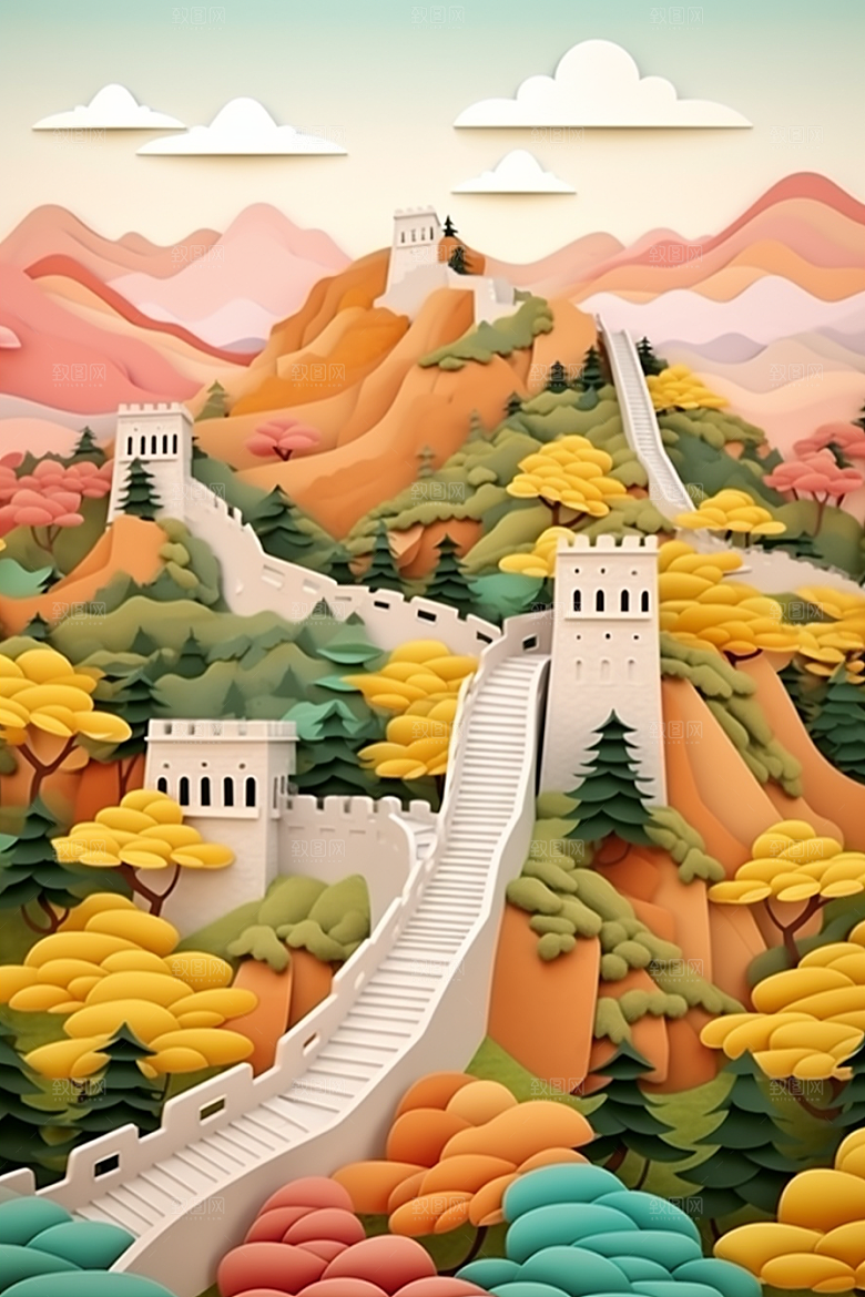 国潮长城工笔画艺术剪纸