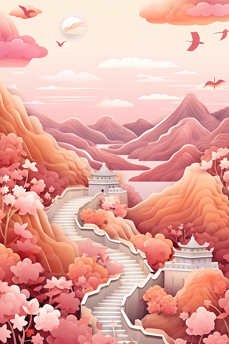 国潮长城立体山水剪纸