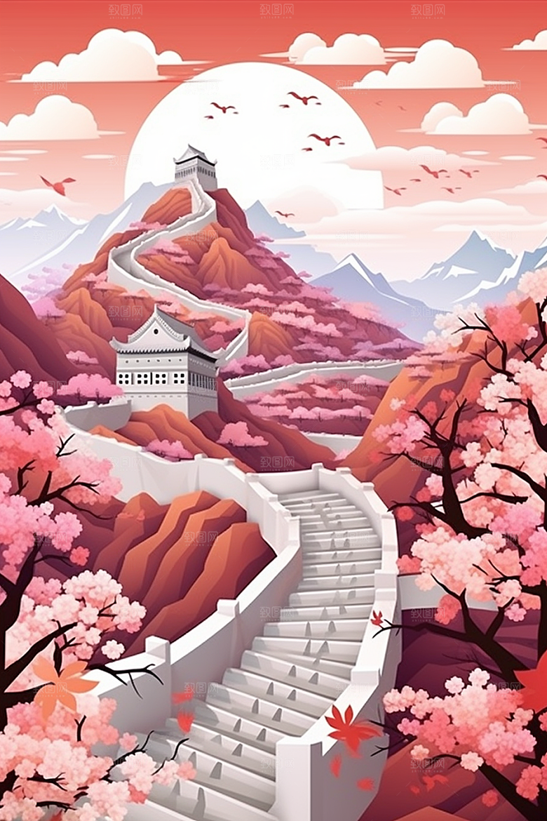 国潮长城风光山水剪纸