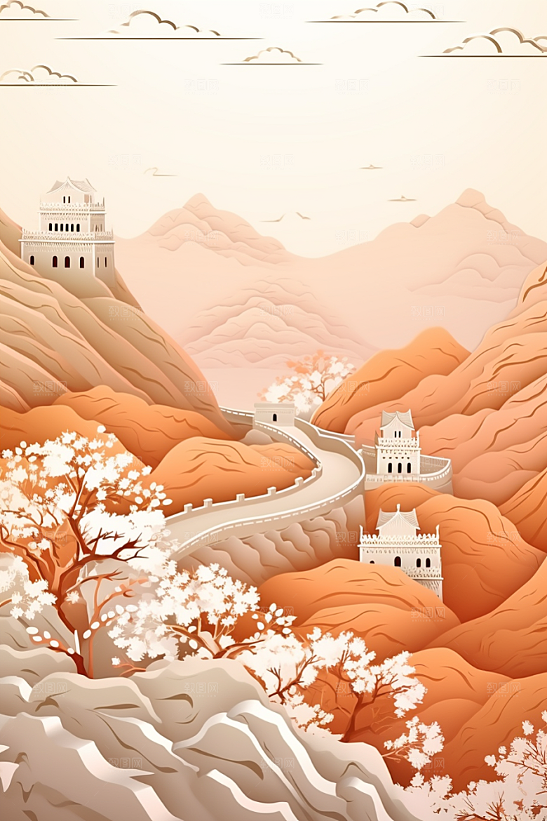 国潮长城山水层次剪纸
