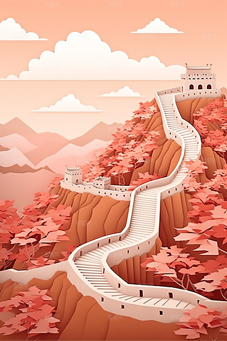 国潮长城艺术风光剪纸