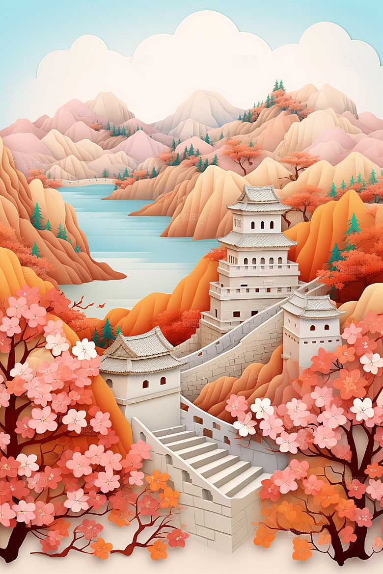 国潮长城风光工笔画剪纸