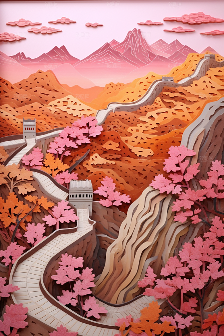 国潮长城立体工笔画剪纸