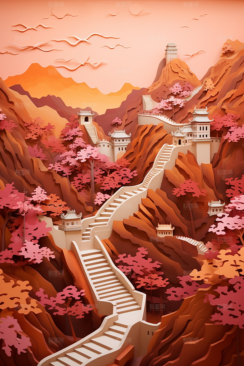 国潮长城新中式山水剪纸