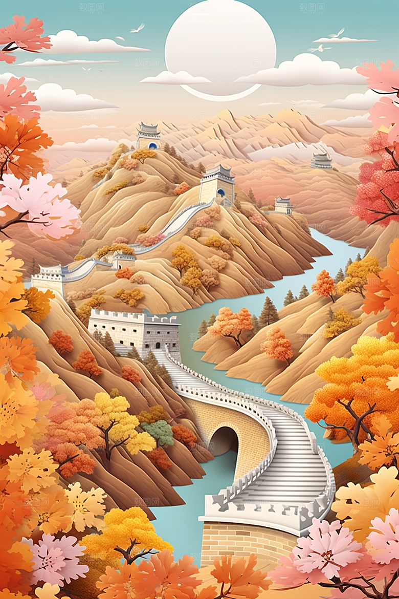 国潮长城新中式山水剪纸