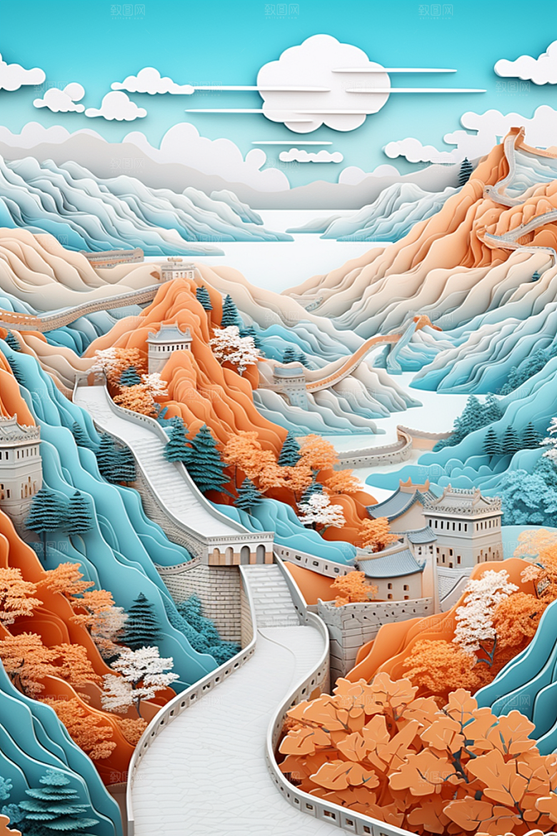 国潮长城中国风工笔画剪纸