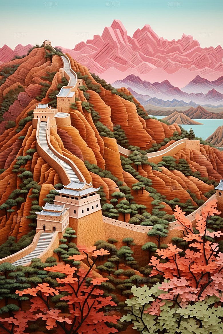 国潮长城艺术工笔画剪纸