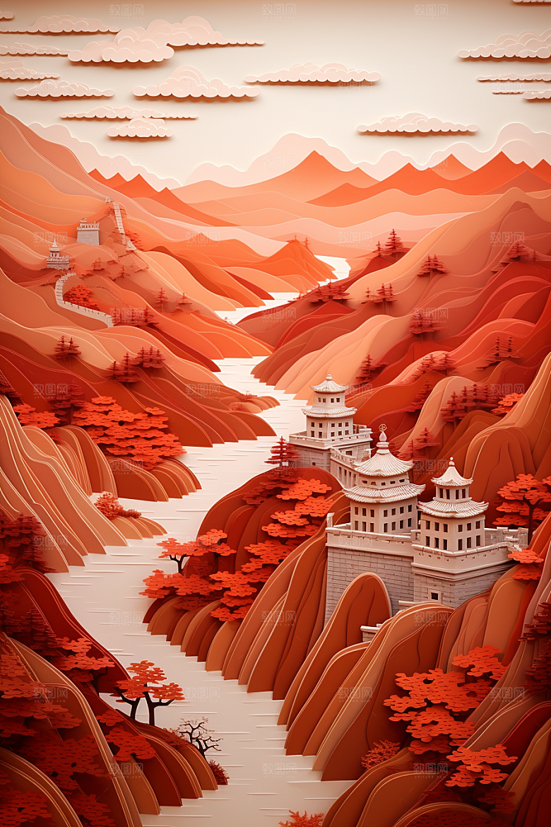 国潮长城层次工笔画剪纸