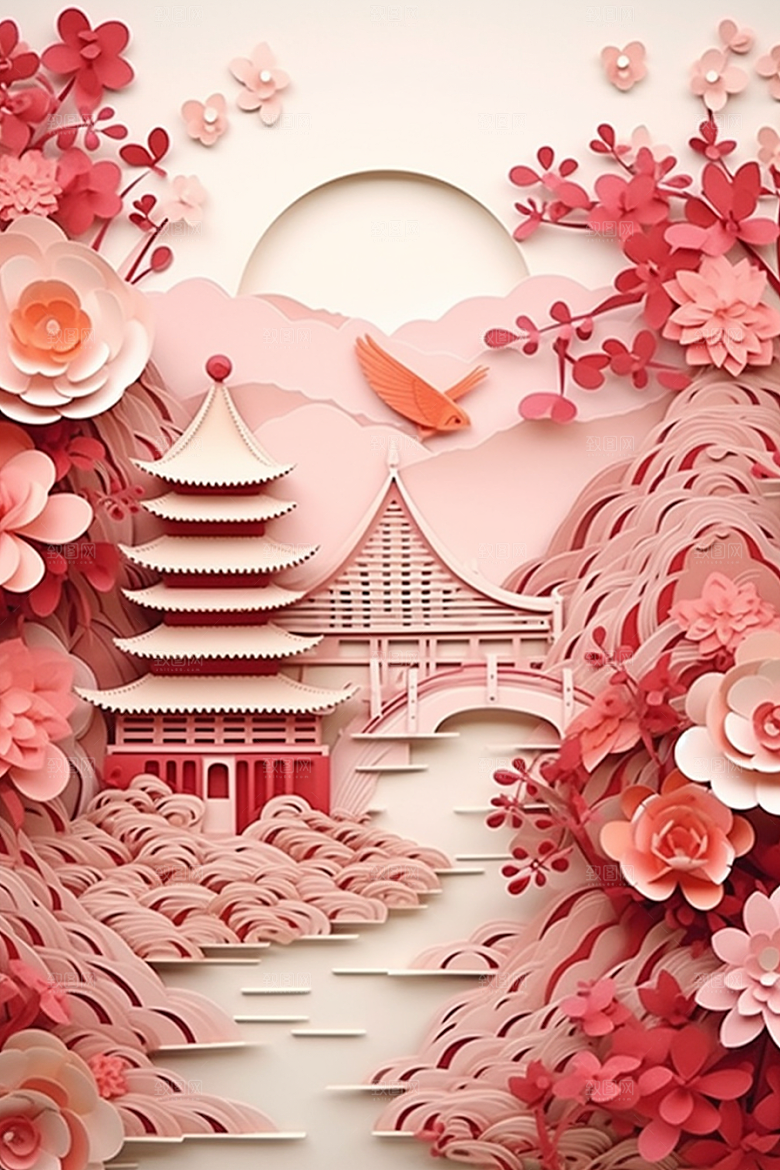 国潮长城中国风风光剪纸
