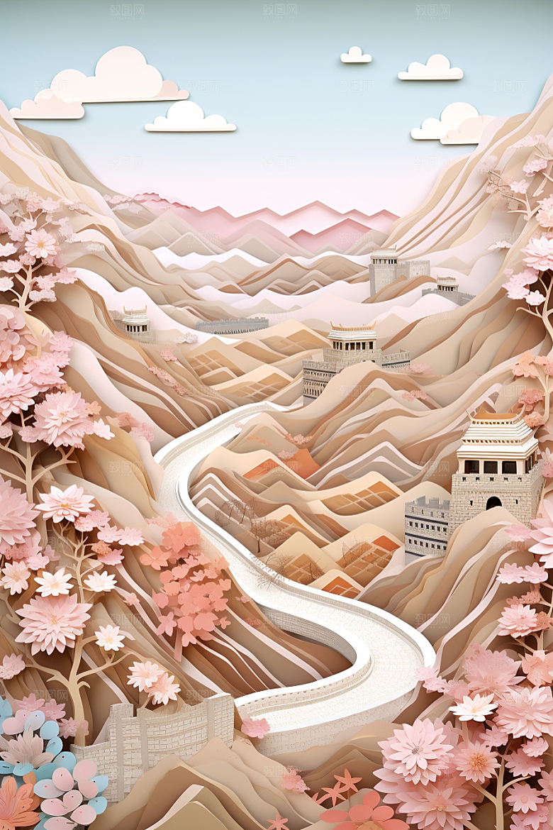 国潮长城山水中国风剪纸