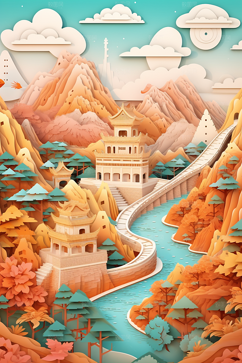 国潮长城艺术山水剪纸