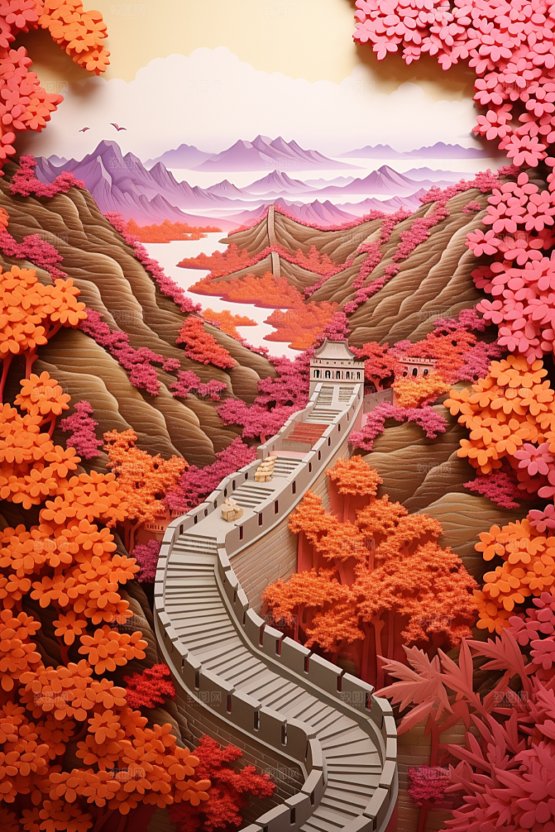 国潮长城新中式层次剪纸