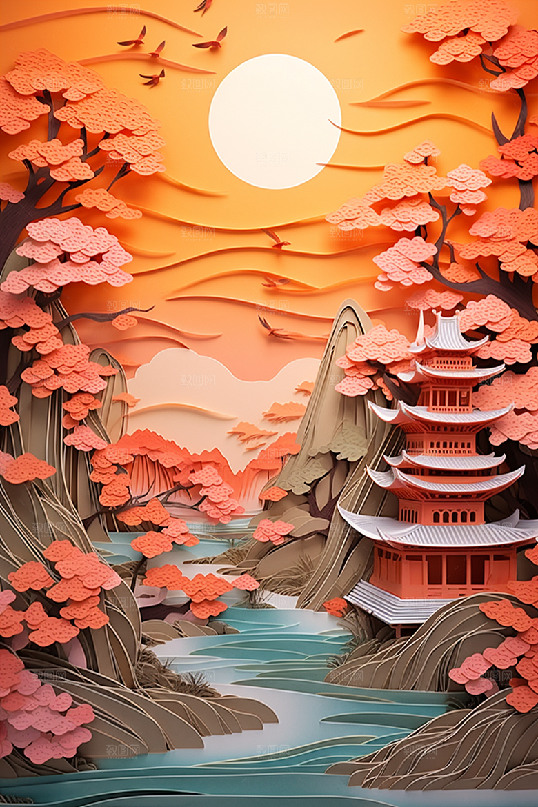 国潮长城精致工笔画剪纸
