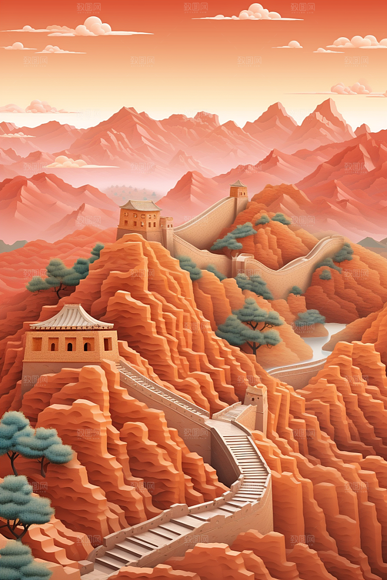 国潮长城工笔画风光剪纸