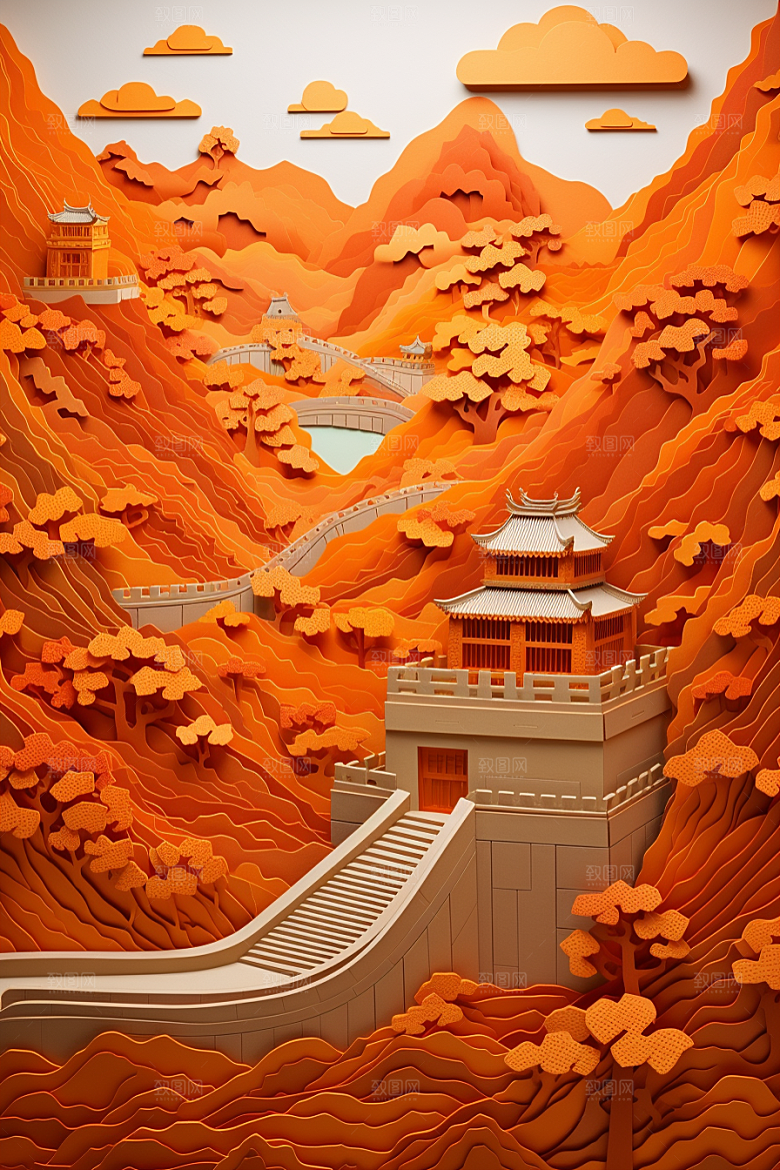 国潮长城工笔画风光剪纸