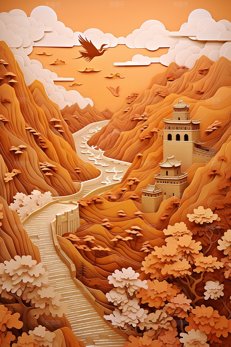 国潮长城工笔画风光剪纸