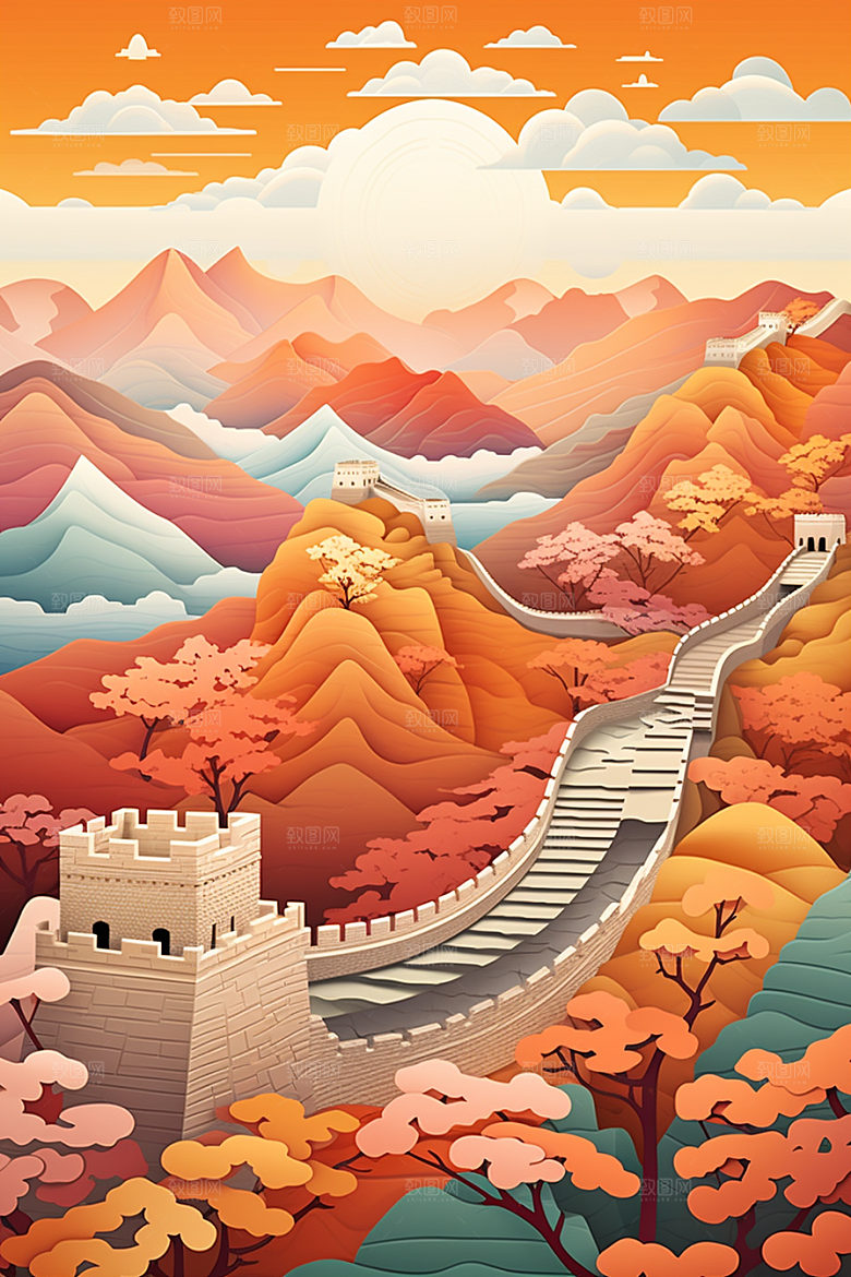 国潮长城山水工笔画剪纸